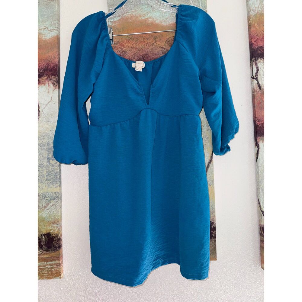 Teal Deep V-Neck Mini Dress with 3/4 puff sleeves